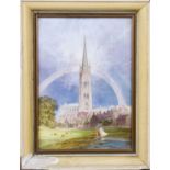 A painted porcelain plaque depicting Louth church with figures in the foreground, signed F. Evans