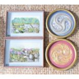 A group of framed embroidery work of various designs by Ruth Chamberlain.