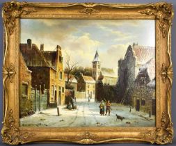 Worntinez Verrez (20th century) Old Master style Dutch winter townscape, with figures and dog to the