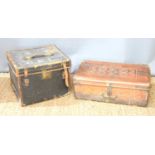 A large antique leather travelling case, 34cm by 46cm by 43cm, together with a 19th century metal