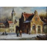 E Vernon (20th century): Dutch snowy townscape, with figures to the fore; oil on board, in the