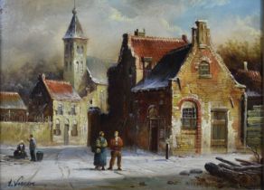 E Vernon (20th century): Dutch snowy townscape, with figures to the fore; oil on board, in the