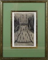 After Laurence Stephen Lowry pencil drawing of a street scene, signed LS Lowry 70 by 12cm. [This