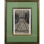 After Laurence Stephen Lowry pencil drawing of a street scene, signed LS Lowry 70 by 12cm. [This