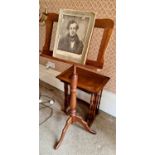 A Victorian mahogany height adjustable music stand, together with a mahogany wine table, a