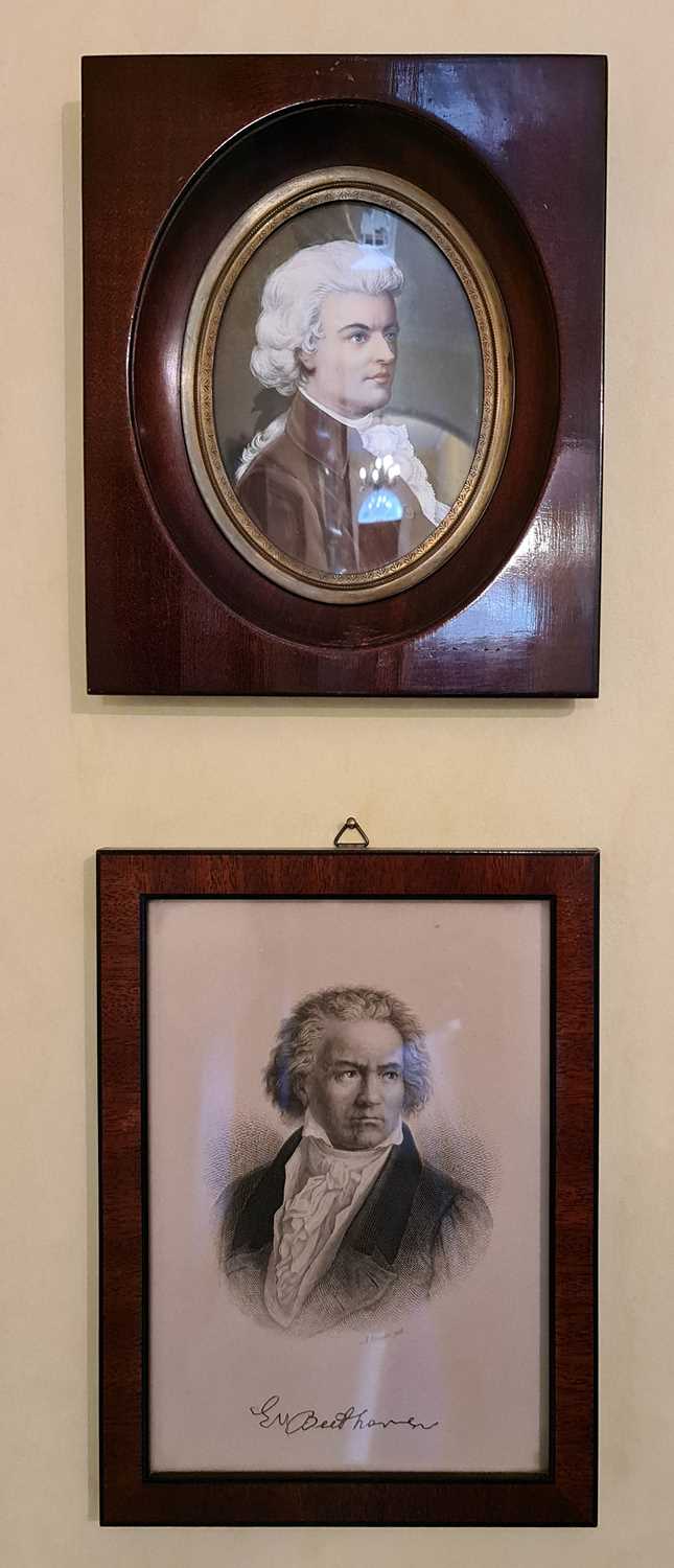 Two miniature portraits: a 19th century print depicting Beethoven 12 by 18cm, and another in an oval