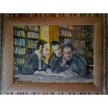 James Radakovich (20th century): three gentlemen studying, oil on board, signed and dated 1999, 32