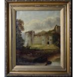A 19th century oil on canvas, figures on a river bank before a castle, 50 by 40cm.