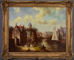L Meyer (20th century): Old Master Dutch style townscape, with river running through, oil on