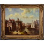 L Meyer (20th century): Old Master Dutch style townscape, with river running through, oil on