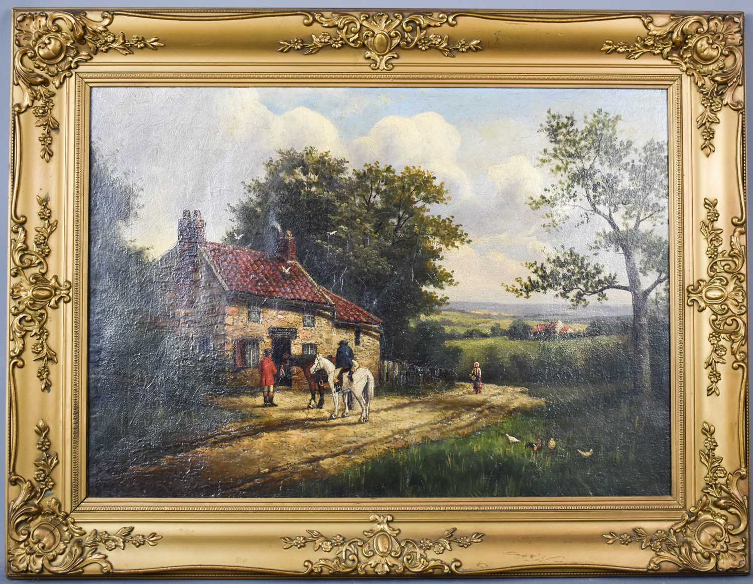 Follower of George Morland (1863-1804): Travellers by a halfway house inn, oil on board, signed G
