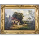 Follower of George Morland (1863-1804): Travellers by a halfway house inn, oil on board, signed G