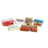 A group of vintage tinplate toys to include a steam boat, locomotive, mechanical circus plane and