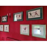 A collection of French colour prints depicting various sword fighting poses, one titled 'Position