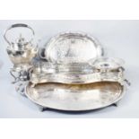 A group of silver plateware, to include kettle on stand with burner, a shaped and galleried tray,
