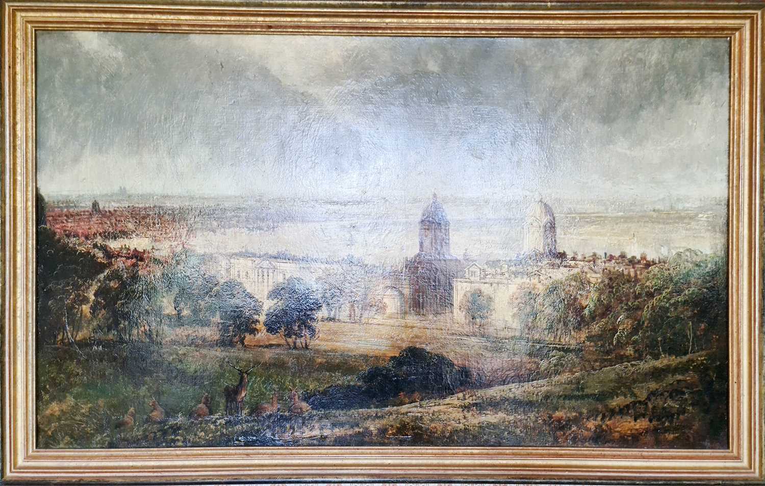 19th Century British School A city landscape with deer to the foreground, oil on canvas, unsigned,