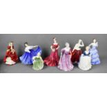 A group of porcelain lady figurines: Royal Doulton ladies, to include Top of the Hill, HN1834,