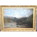 A 19th century oil on canvas depicting a landscape and lake scene with rowing boats, 89cm by 60cm.