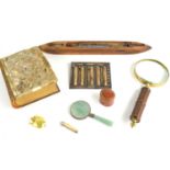 A group of collectables to include a mother of pearl photo album, a jade style oriental hand mirror,