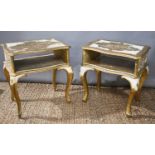 A pair of French painted bedside tables with undershelves, painted with scenes, 50 by 46 by 34cm.