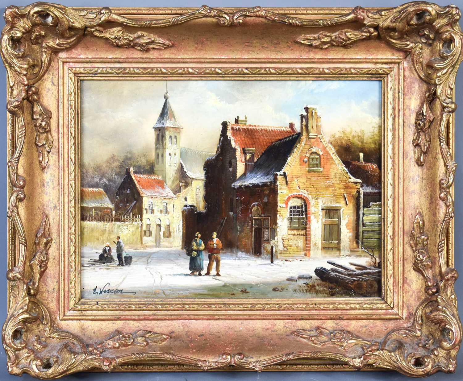 E Vernon (20th century): Dutch snowy townscape, with figures to the fore; oil on board, in the - Bild 2 aus 3