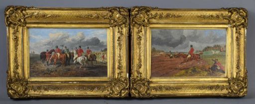 A pair of 19th century oil on board hunt scenes, unsigned, in the original frames, 23 by 31cm.