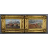 A pair of 19th century oil on board hunt scenes, unsigned, in the original frames, 23 by 31cm.