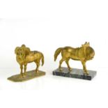 Two 19th century gilt bronze horses both with Austro-Hungarian saddles, one with marble base, 18cm