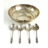 A sterling silver candy dish by Julius Olaf Randahl, 3.91 toz together with four silver apostle