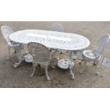 A Victorian-style painted aluminium garden table and set of four chairs.