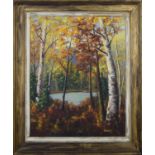 K Dupuis (20th century): woodland landscape, oil on board, 49 by 40cm.
