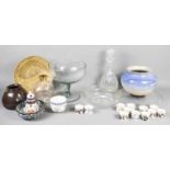 A group of glass and ceramics, to include pedestal bowl, jars, vase, a group of napkin rings,