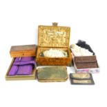 A vintage velvet covered sewing box together with a manicure set, wash bag, vintage purses, lace and