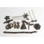 A selection of Georgian and later marcasite jewellery, to include silver and marcasite set brooches,