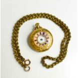 A 19th century half hunter pocket watch, 18ct gold cased, engraved with chased decoration, and an