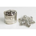 A Continental silver trinket box, possibly Dutch, together with a diamante brooch.