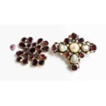 A Georgian gilt metal, garnet and natural pearl set brooch, and a Victorian garnet set brooch A/F.