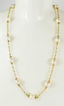 A 9ct gold and pearl necklace, each pearl united by chain form links, 33g.