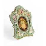 A 19th century Victorian micromosaic miniature frame with needlework and beadwork embroidery, female