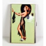 A silver cigarette case with gilded interior, enamel lid depicting a woman wearing negligee,