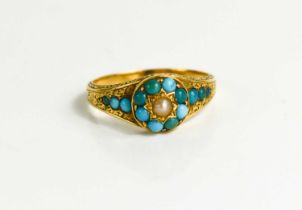 A Georgian gold, turquoise and seed pearl mourning ring, the turquoise cabochons bordering a