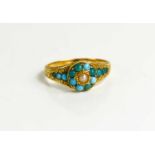 A Georgian gold, turquoise and seed pearl mourning ring, the turquoise cabochons bordering a