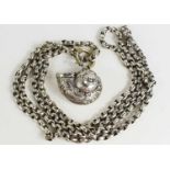 A silver belcher chain with crab claw clasp, and a shell form pendant snuff box embossed with