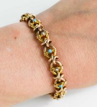 A 9ct gold bracelet, the oval links set with turquoise and seed pearls, with safety chain, 12g, 18cm
