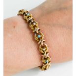 A 9ct gold bracelet, the oval links set with turquoise and seed pearls, with safety chain, 12g, 18cm