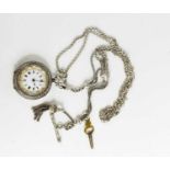 A silver 19th century ladies pocket watch, necklace chain and decorative fob and chain with