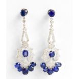 A pair of 18ct gold, diamond and sapphire pendant earrings, 5½cm long, 2cm wide, 15.43g.
