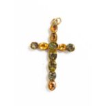 A Georgian 9ct gold [tested as] and foil backed gem set pendant cross, 3.5g, 4cm long.