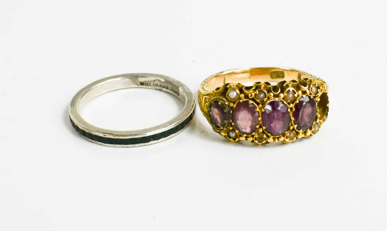 A Victorian gold (tested as 14ct), pink sapphire and seed pearl ring, size P, 2.78g, together with a