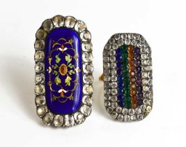 Two Victorian white metal and paste set rings, one with blue enamel elongated oval centre